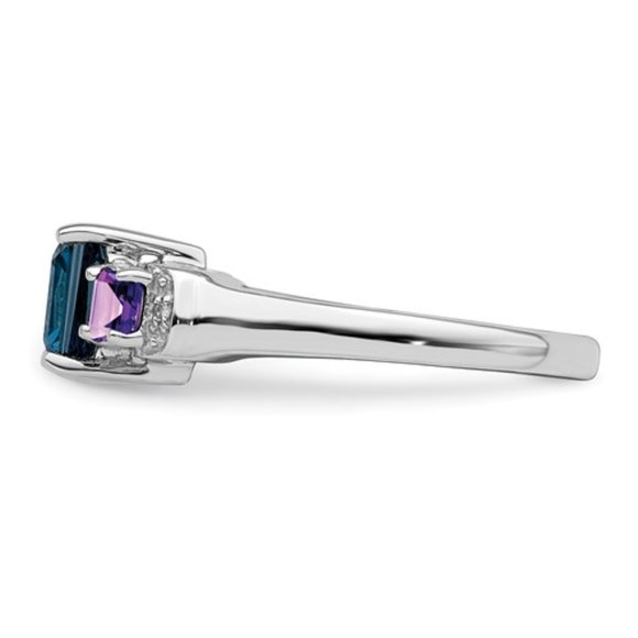 925 Sterling Silver Rhodium London Blue Topaz, Amethyst, Diamond Gemstone Ring - Picture 6 of 8